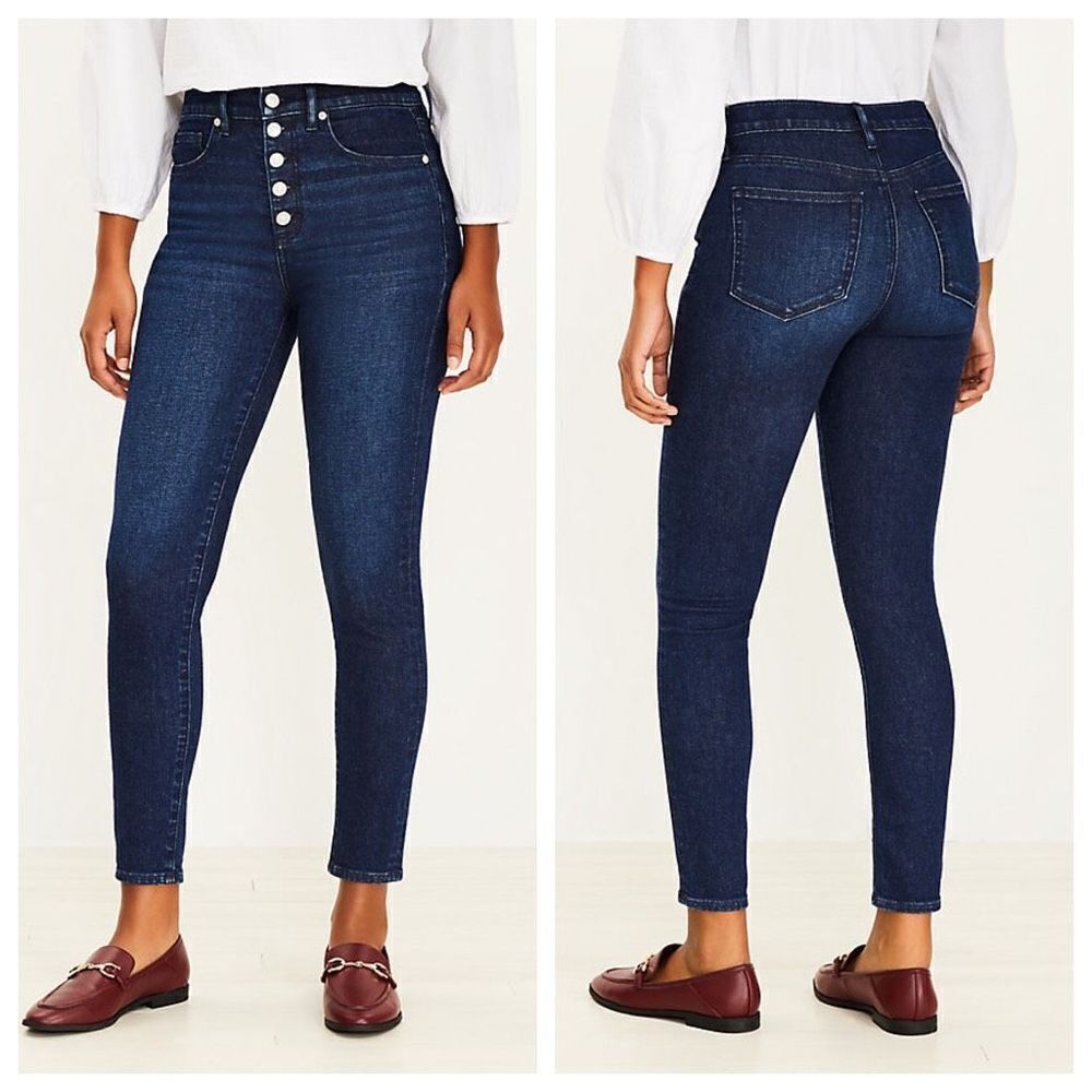 Loft Modern Skinny Button Front High-Rise Dark Wash Jeans NWOT 27 Size 4